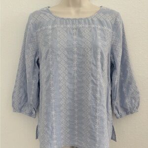 Talbots Womens M Blue Embroidered Boho Tunic 3/4 Sleeve 100% Cotton Floral